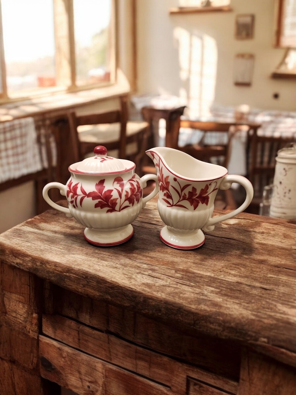 Andrea By Sadek Cream and Red Floral Sugar Bowl with Lid and Matching Creamer